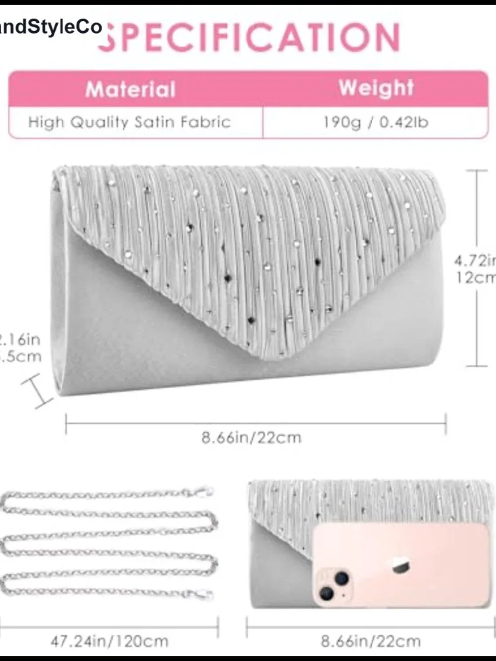 Satin Envelope Clutch Evening Bag with Rhinestones & Detachable Chain for